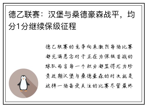德乙联赛：汉堡与桑德豪森战平，均分1分继续保级征程