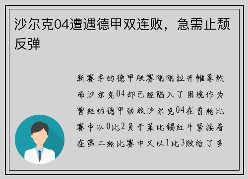 沙尔克04遭遇德甲双连败，急需止颓反弹